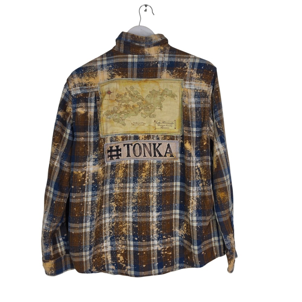 ANGRY MINNOW Shirt Unisex Medium Brown Plaid Flannel Lake Minnetonka MN Tonka
